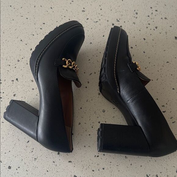 Naturalizer Callie-Moc Black Leather Block Heel Loafers Gold Chain Size 9.5 EUC - Picture 4 of 12